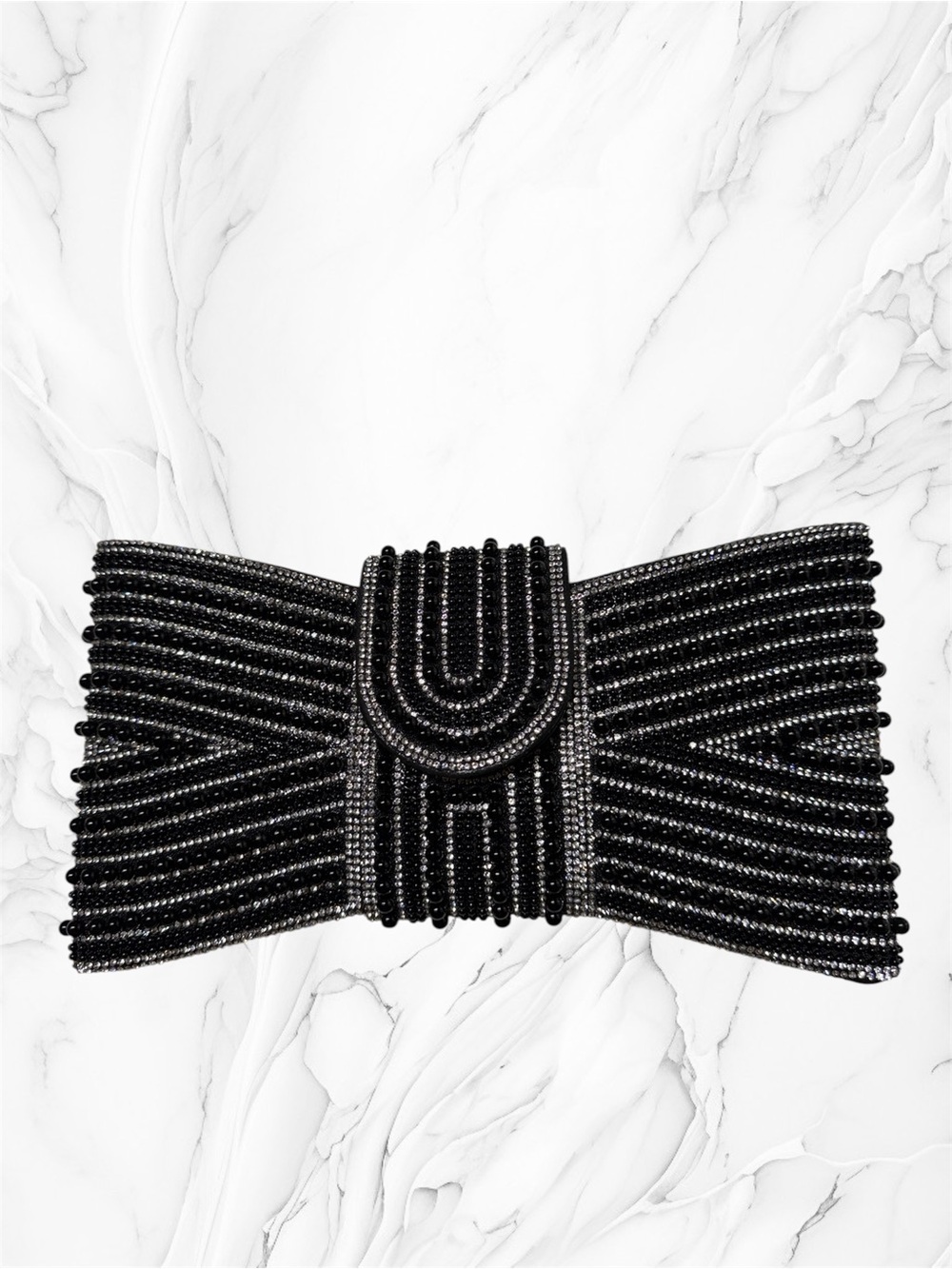 Azazie Black and Silver Beaded sparkly Bow Clutch NWT